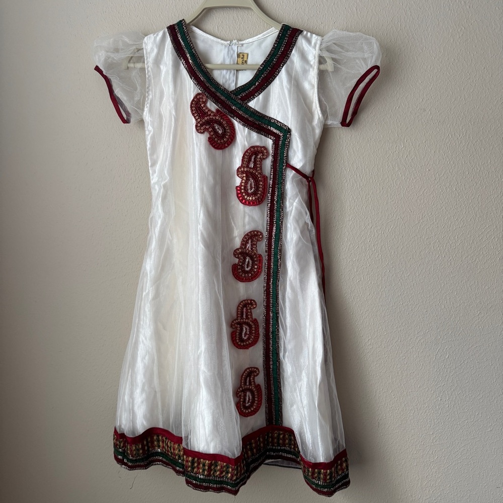 Indian White Girls' Formal Dress with Red & Green Embellished Trim